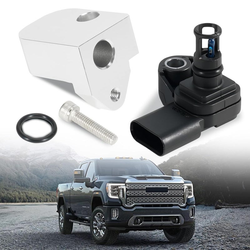 Rendrox Silver Spacer Kit + Intake Air Pressure and Temperature Sensor Fit for GMC Sierra Chevrolet Silverado 2500HD 3500HD 6.6L Diesel Engine 2017-2024 Replace 12681993 Manifold Pressure (MAP) Sensor - Image 1
